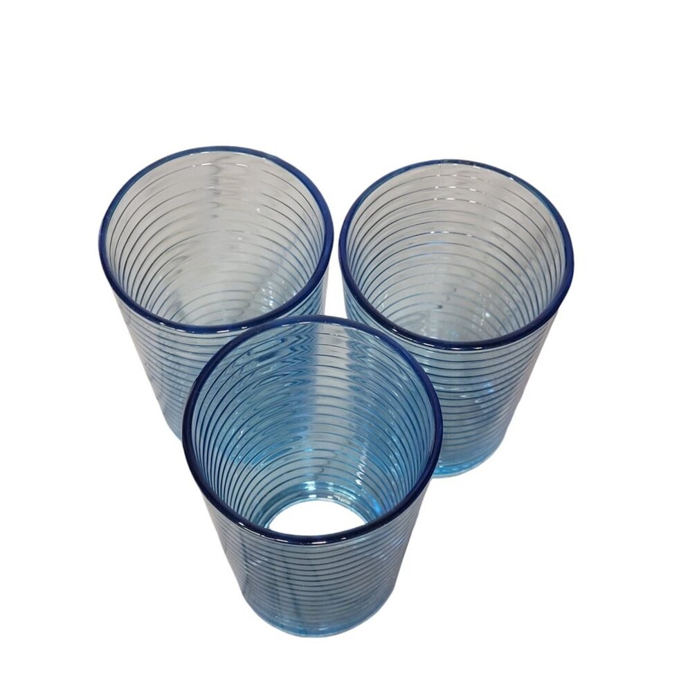 KIG Indonesia 4" Juice Glass Blue Concentric Ribbed Circular Pattern Vintage Set - Picture 13 of 13